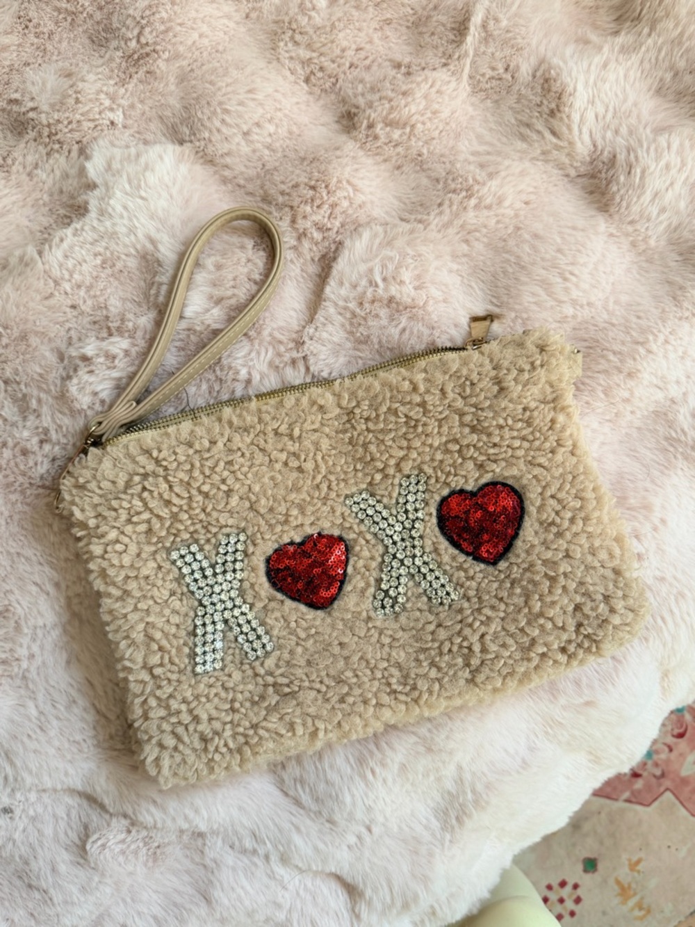 Judith March Beige Sherpa Wristlet Clutch with Red Sequin Hearts